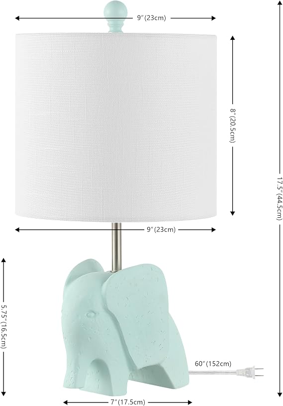 JONATHAN Y 17.5 Turquoise Elephant Kids Table Lamp, Whimsical Resin Bedside Lamp with White Linen Drum Shade for Bedroom Playroom Nursery, LED Bulb Included, UL Listed (JYL1143B)