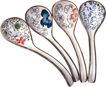 Set of 4 Japanese Ceramic Soup Spoons with Different Patterns Porcelain Rice Spoons with Long Handle Suitable for Rice Porridge Cereal Wonton Tong Sui Pho Udon and Ramen