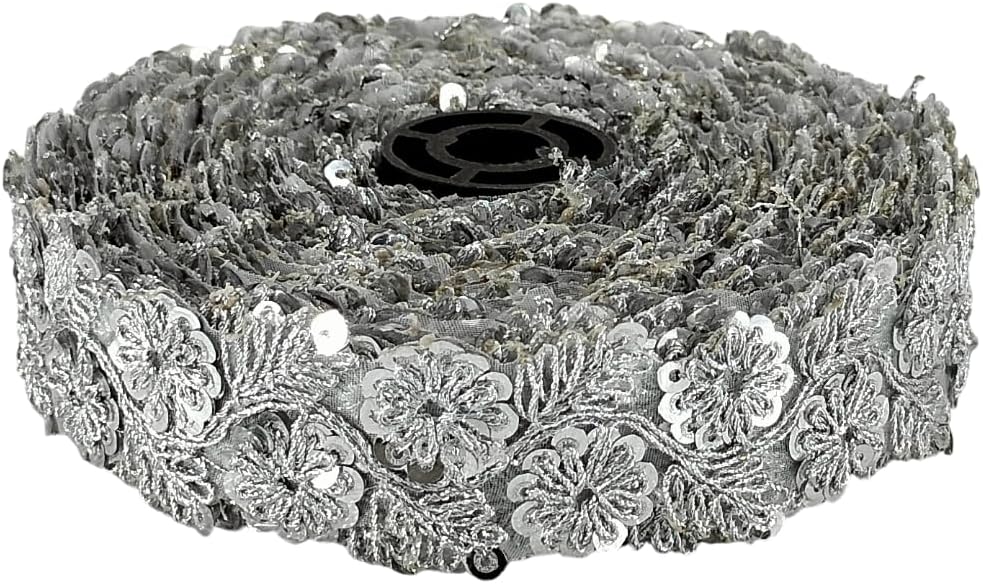 Kurlz 1.25 inch Sequins & Zari Floral Zardosi Embroidery Lace for Lehenga, Dupatta, Western Dresses | Size: 9 Yards - Silver