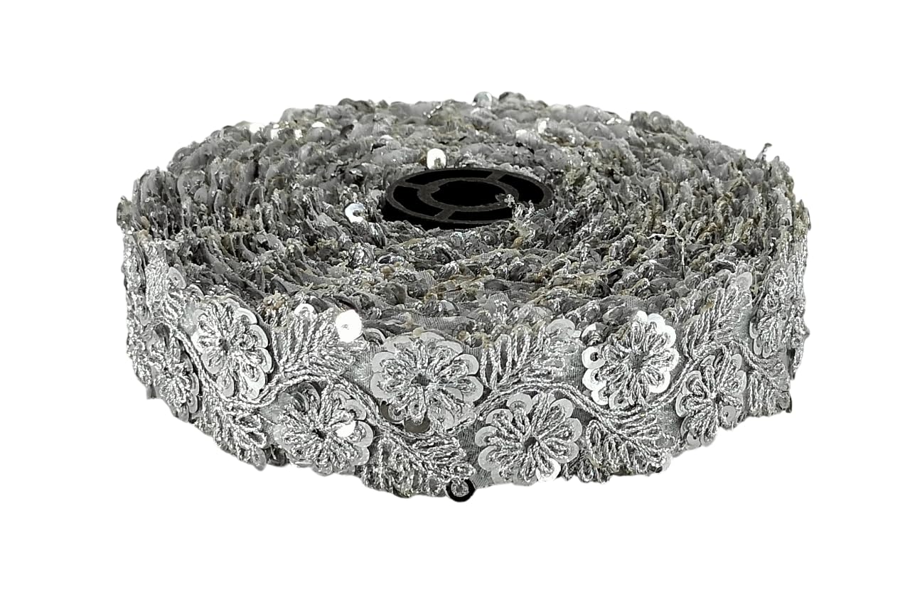 Kurlz 1.25 inch Sequins & Zari Floral Zardosi Embroidery Lace for Lehenga, Dupatta, Western Dresses | Size: 9 Yards - Silver