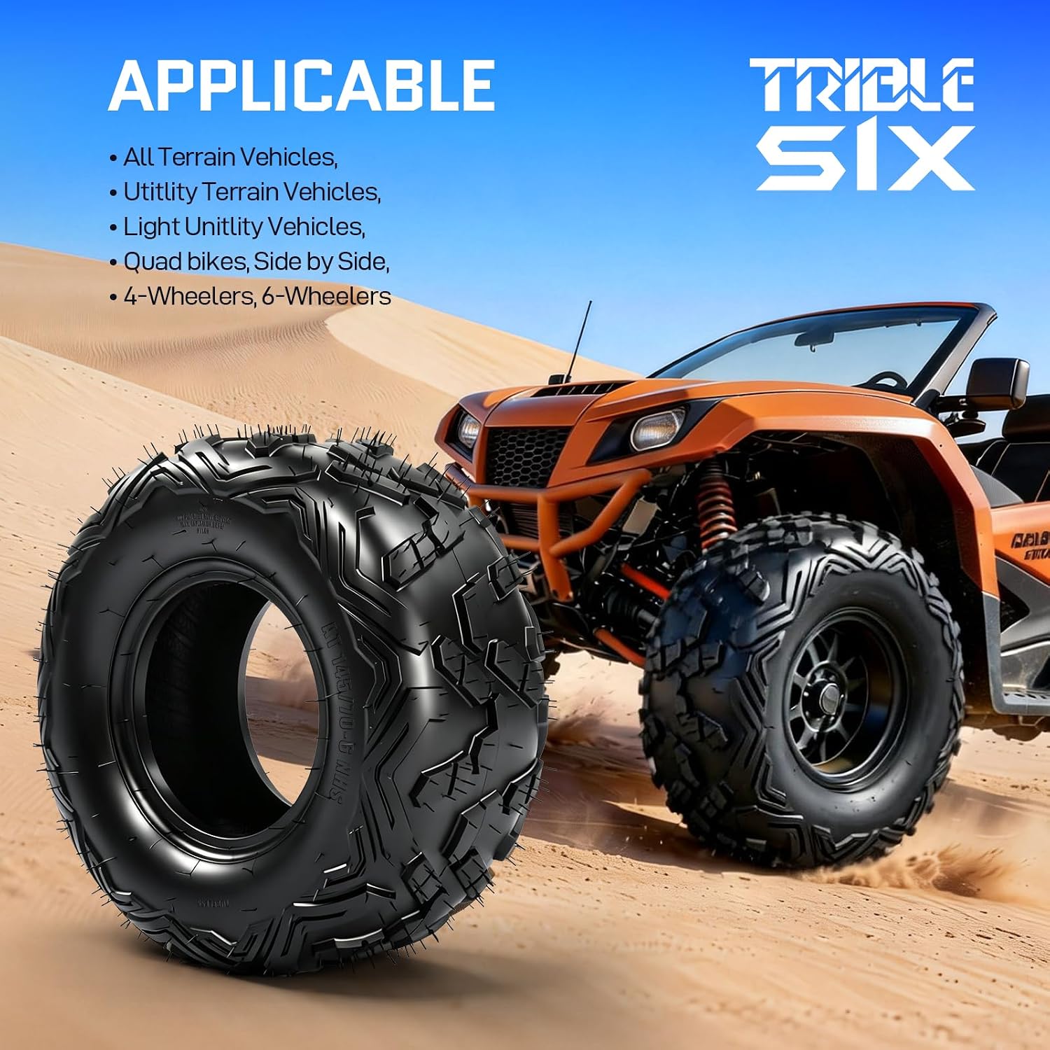 TRIBLE SIX 145/70-6 Go Kart Tires,6 PR ATV Street Mini Bike Tires 145/70-6 (14x6-6) for Sand Mud Trail,Non-Directional Big Horn Style,Tubeless (Pack of 2)