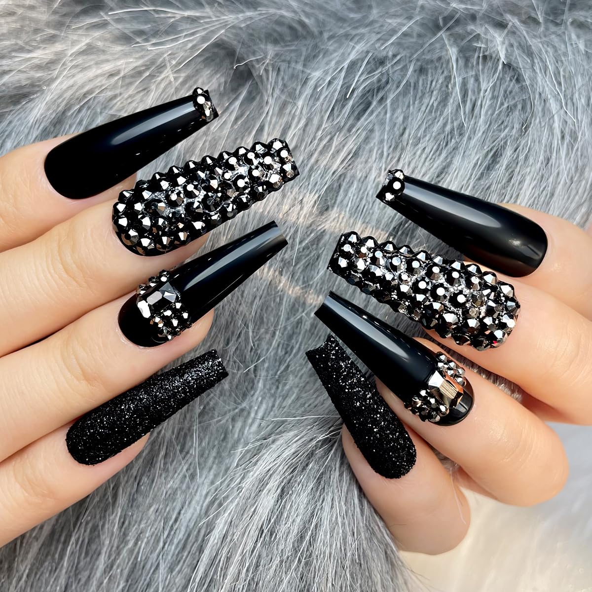 Leuhiove 24 Pcs Black ​Press on Nail Long Bling Glam Ballerina Flash Diamond Crystal Glossy Fake Nails Coffin Nails Tips，Glitter Rhinestones Gems