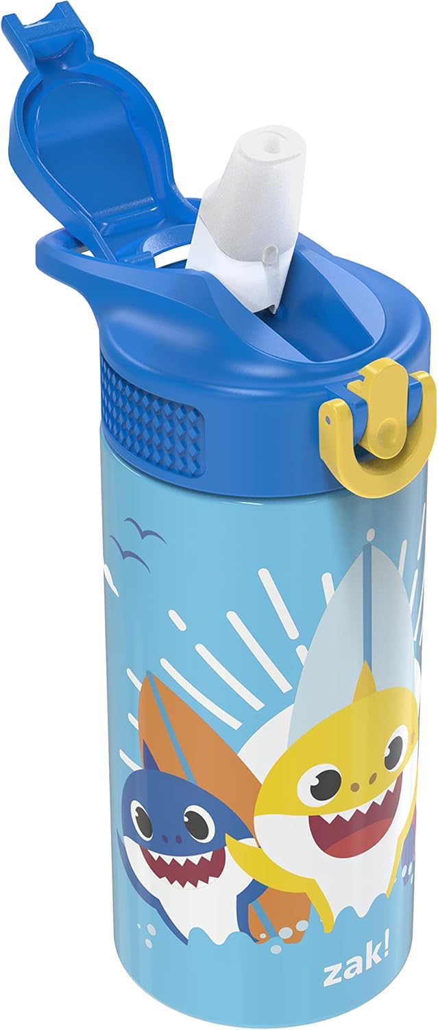 Zak Designs Baby Shark 14 oz Double Wall Vacuum Insulated Thermal Kids Water Bottle, 18/8 Stainless Steel, Flip-Up Straw Spout, Locking Spout Cover, Durable Cup for Sports or Travel : Baby