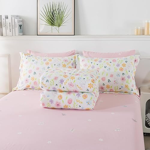 Miniatura 7 de Wajade Juego de edredón floral en una bolsa, tamaño matrimonial, 7 piezas, flores botánicas, hojas verdes, conejos para niñas (1 edredón, 1 sábana