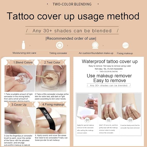 VEZE Tattoo Concealer, Waterproof, Makeup, Skin Foundation, Concealer, Scar, Vitiligo, Dark Spots, Body Art, Tattoo Cover, Anti-Adhesive