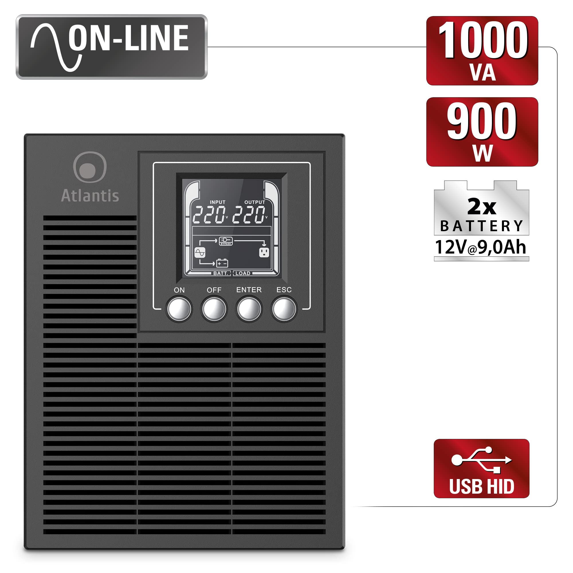 Atlantis A03-OP1002 UPS OnLine Gruppo di Continuità Server Doppia conversione Onda Sinusoidale Pura 1000VA 900W, Tower, display LCD, USB, seriale RS-232, 4 uscite IEC, porta EPO, slot SNMP, 2x12V-9Ah
