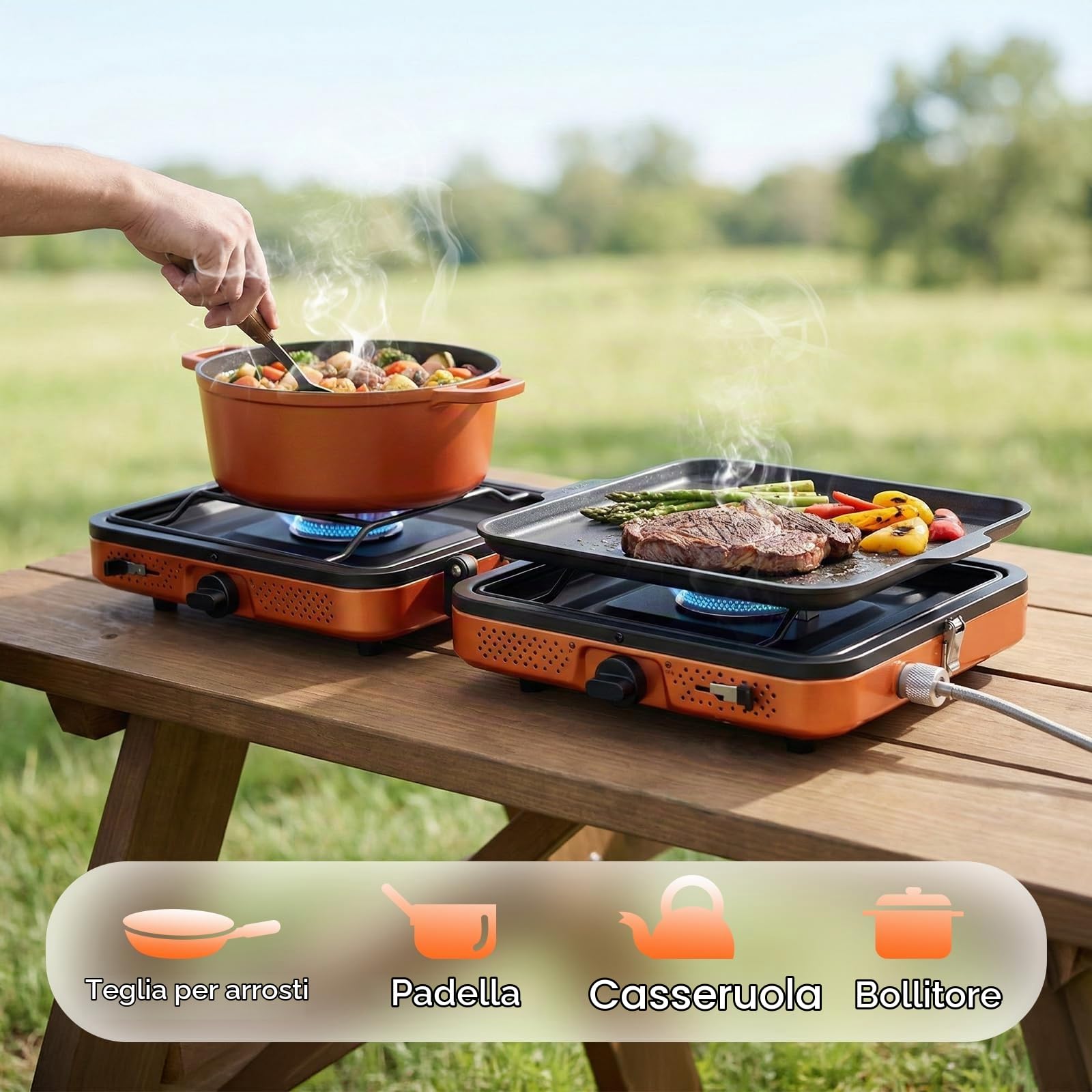 Fornello da campeggio portatile a 2 fuochi da 4400 W, potente fornello a gas per cucinare all'aperto, pieghevole con accensione, ideale per escursioni, picnic e viaggi