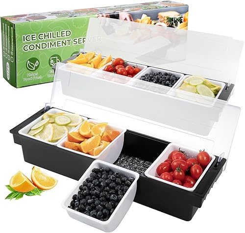 Paquete de 2 recipientes para servir condimentos, enfriado con hielo, 4 compartimentos, ideal para frutas, helados, aderezos de barra de ensalada,