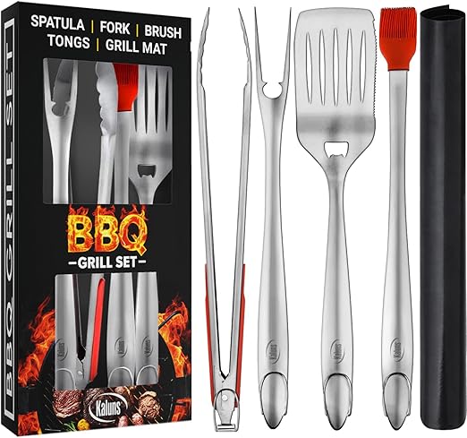 Kaluns BBQ Grilling Accessories, Gifts for Men Dad, Grill Tools for Outdoor Grill, Heavy Duty Stainless Steel Grill Set with Spatula, Tongs, Fork, Brush, & Grilling Mat, Best BBQ Gifts