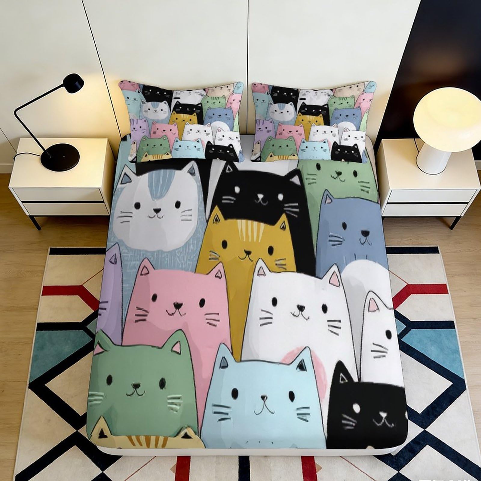 3D Printed Colorful Cat Pattern Fitted Sheet Microfiber Soft Breathable Cartoon Cats Bed Cover for Bedroom Dormitory Guest Room Mattress Protection 180x200x25cm