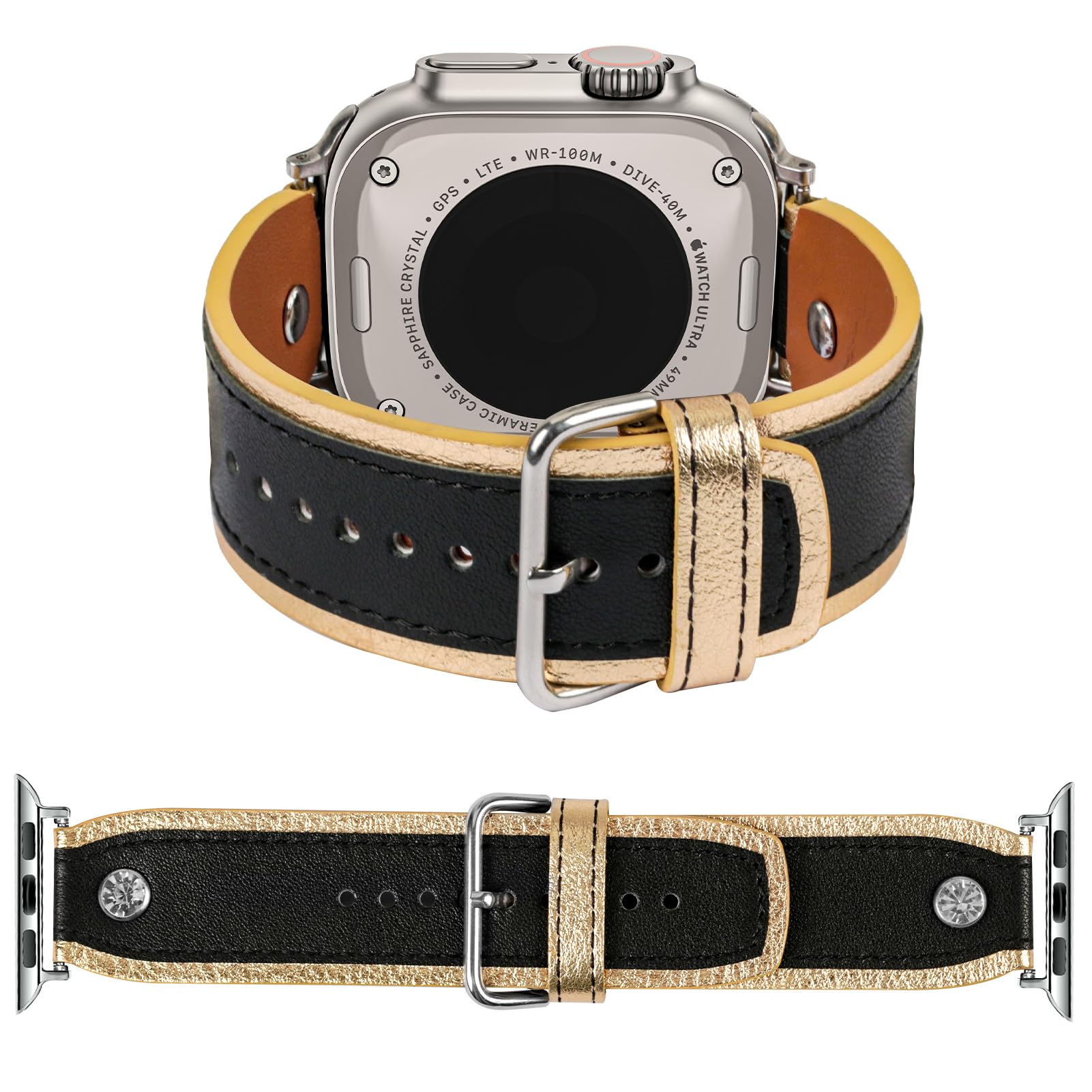 JOYOZY Leather Band Compatible with Apple Watch Band 38mm 40mm 41mm 42mm 44mm 45mm 49mm, Luxury iWatch Band with Bling Crystal for Ultra, Series SE/9/8/7/6/5/4/3/2/1, Designer Dressy Strap for Women