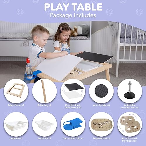 Miniatura 6 de Cateam Mesa sensorial para niños y niños pequeños  3 contenedores plegables  Insertos educativos de madera para rompecabezas  Mesa de actividades de