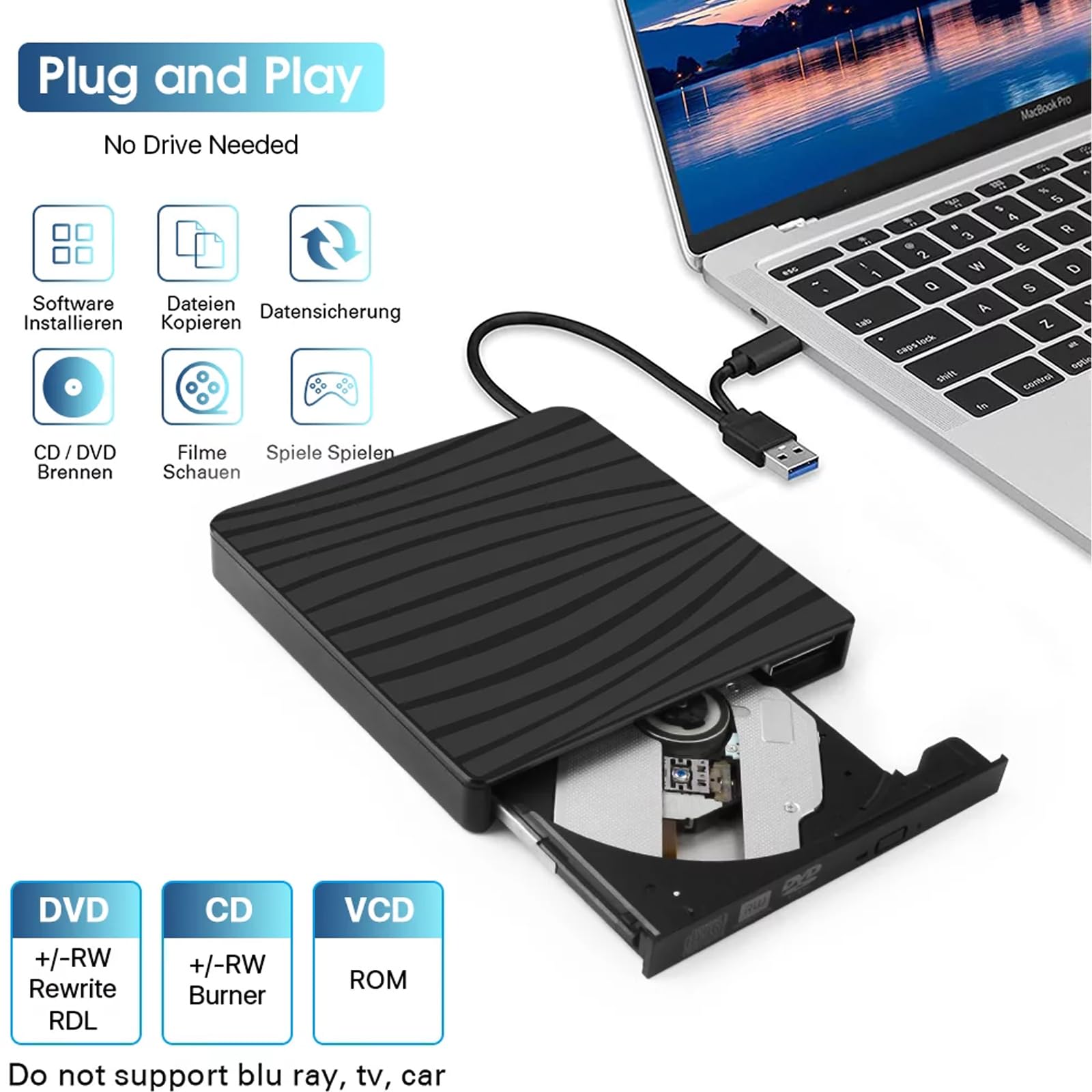 Unità DVD esterna USB 3.0 e Type-C portatile CD DVD +/-RW ROM drive per computer portatile PC desktop, CD DVD Burner Reader compatibile con sistemi operativi Windows XP / 2003 / Vista /7 /8/10/11