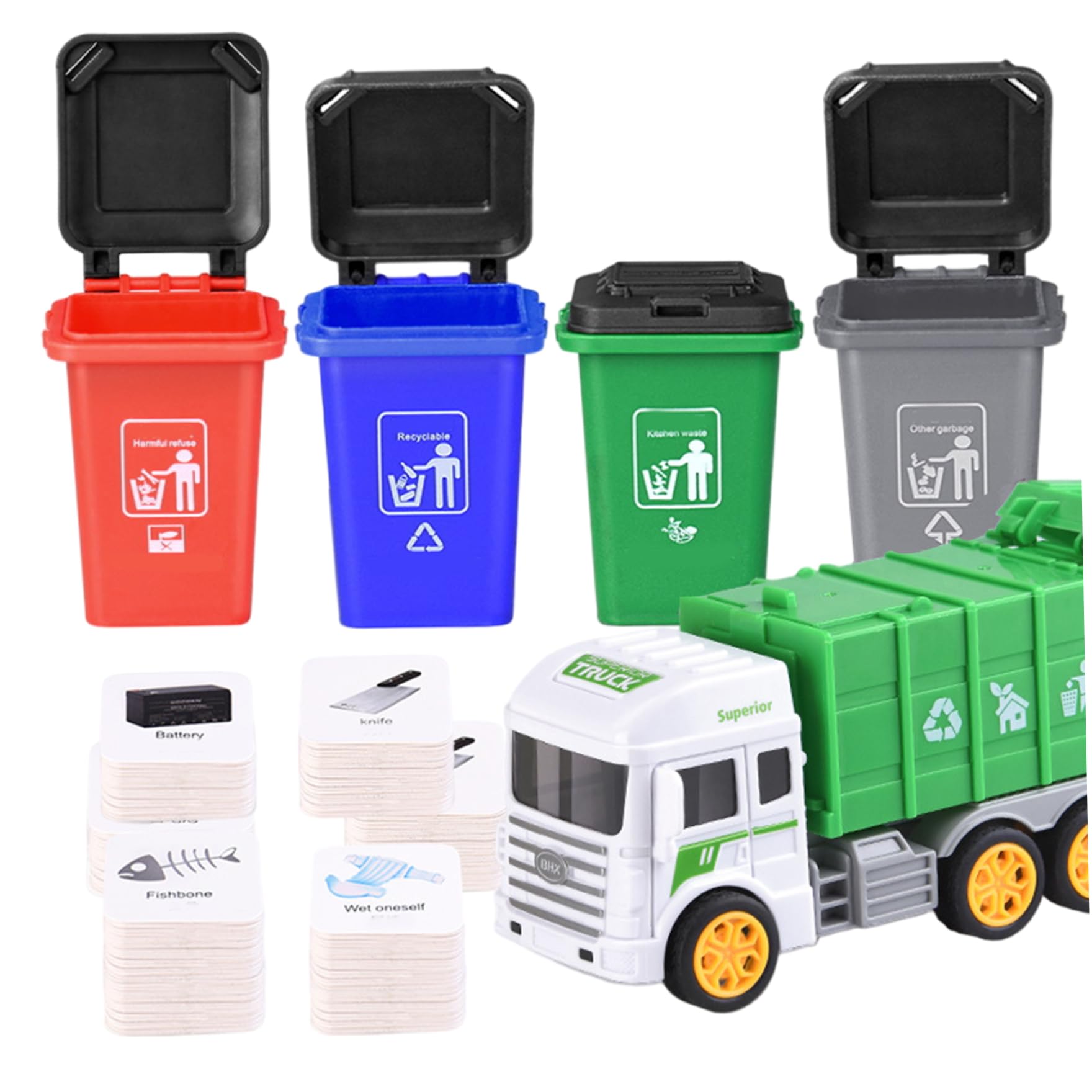 Uanqfegy Garbage Truck Toy - Classification Game with 4 Trash Cans & Cards, Waste Management Recycling for Kids