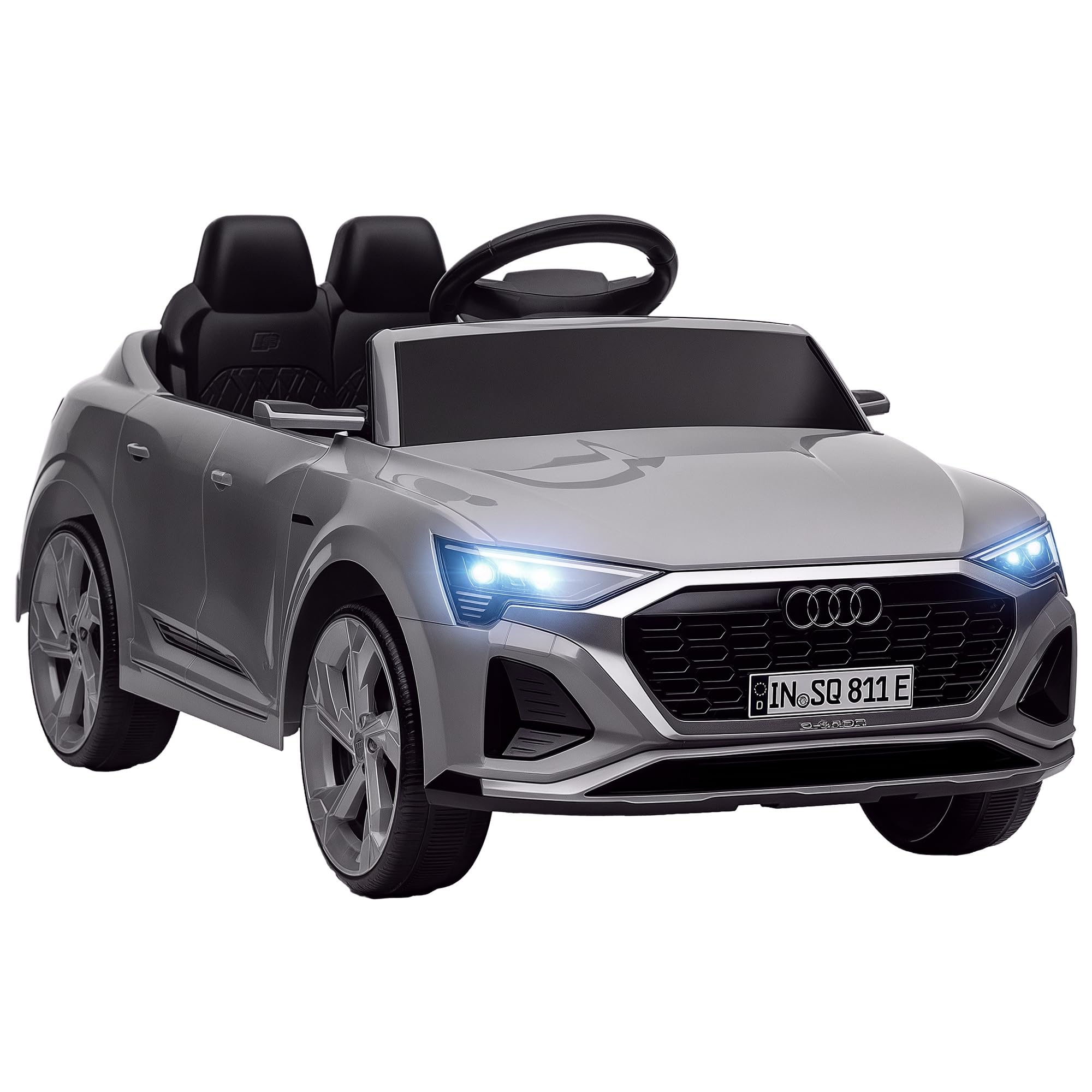 AIYAPLAY Voiture électrique Enfants sous Licence Audi Q8 e-​tron Sportback véhicule électrique 2 Moteurs 12V, télécommande 2,​4G, phares LED, Musique, klaxon, Suspension à Ressort, pour 3-​4 Ans, Gris