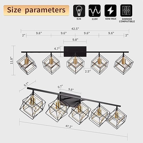 Miniatura 5 de BEHIYA Luces de tocador de baño de 5 luces lámparas de baño sobre espejo iluminación moderna de latón cepillado negro y dorado con 3 tonos cúbicos