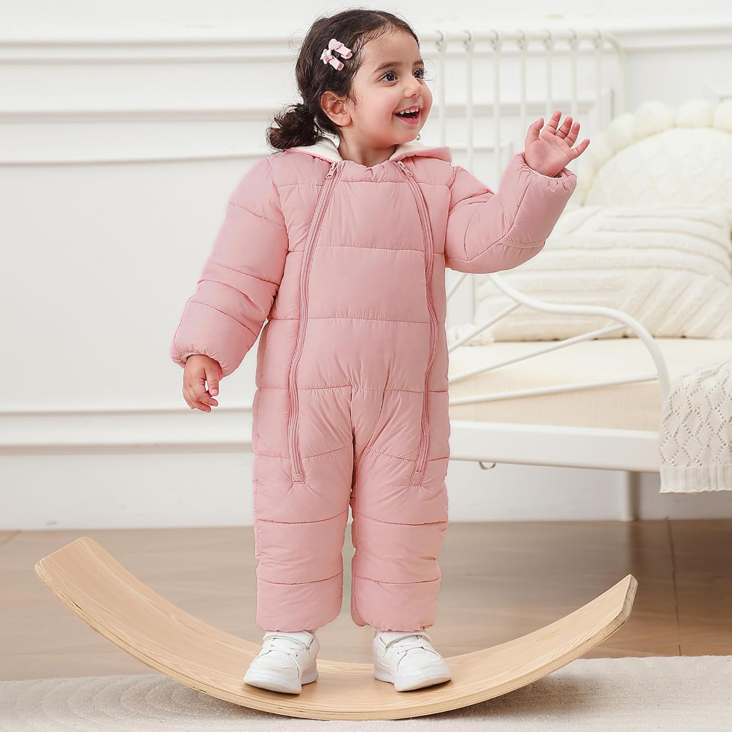 uideazone Baby Girls Boys Snowsuit Toddler Warm Hooded Snow Suit Infant Double Zipper Romper One Piece Puffer Coat 3-24M