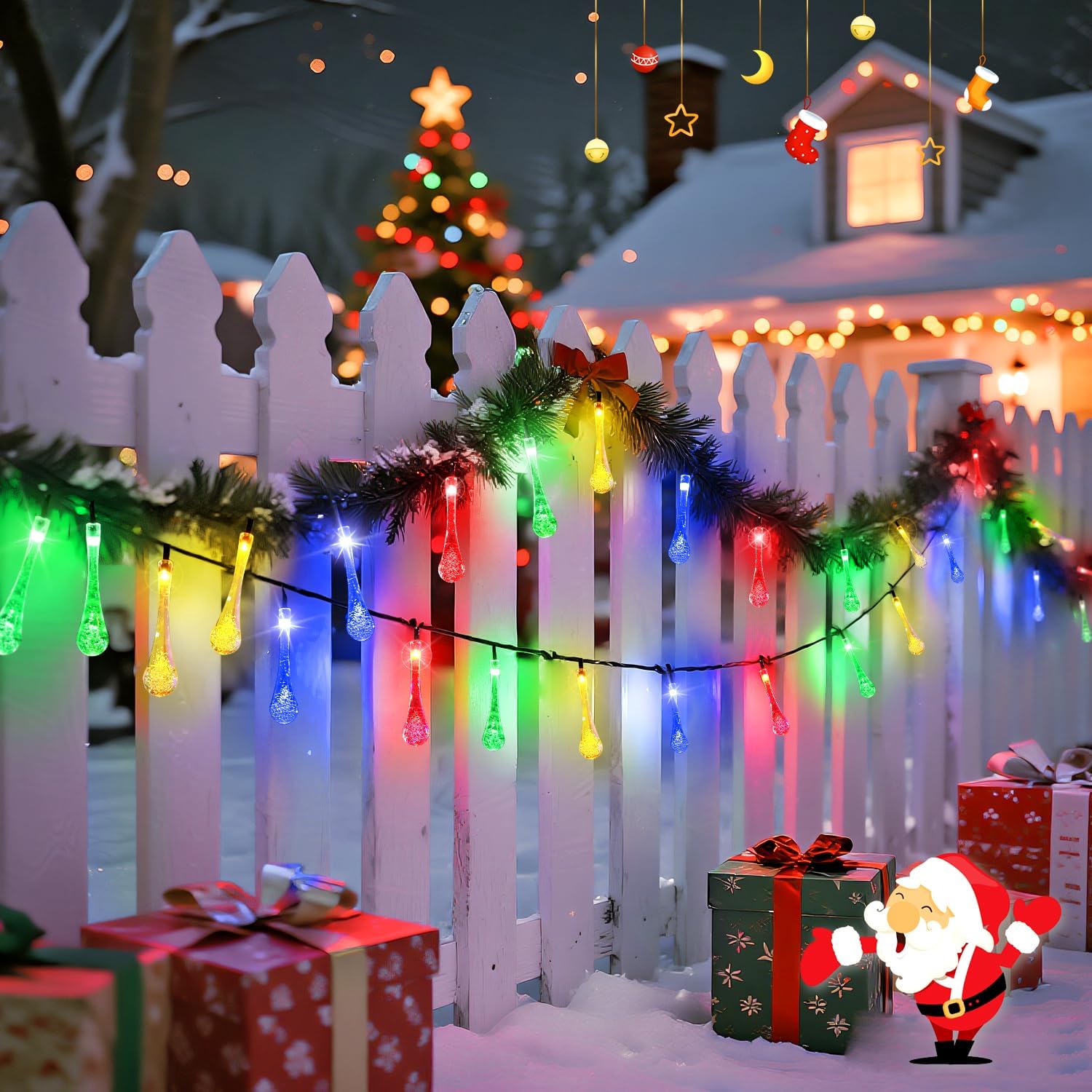 JMEXSUSS 2 Pack Solar String Lights Outdoor Waterproof, Total 41.6FT 60 LED Teardrop Water Drop Solar Lights, Multi Colored Christmas Lights for Outside Garden Patio Yard Tree Christmas Decorations