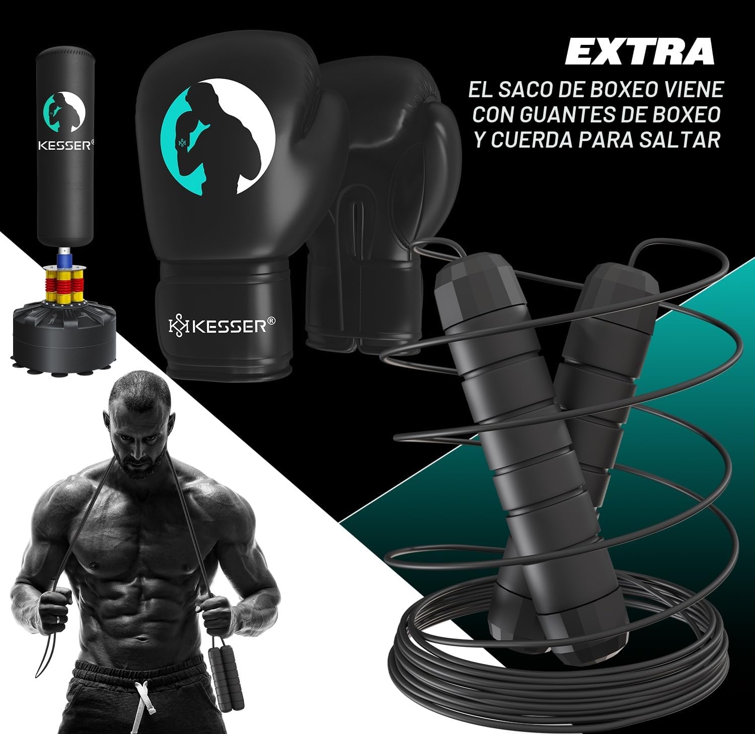 KESSER® Saco de boxeo de pie para adultos con guantes de boxeo + cuerda para saltar, saco de kickboxing, saco de boxeo de pie MMA Boxing Partner Boxing Trainer Fitness Punching Bag con base de succión