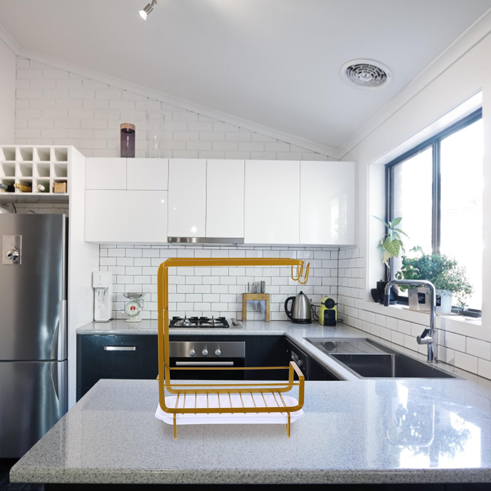 SHINEOFI Organizer Porta Spugne da Cucina con Vassoio di Drenaggio in Acciaio al Carbonio Oro, Leggero e Facile da Installare per Casa e Bagno