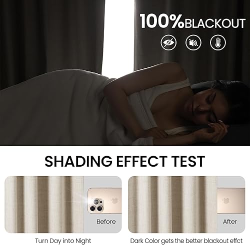 Miniatura 2 de Cortinas 100% opacas de 96 pulgadas de largo, mezcla de lino, para dormitorio, bolsillo para barra, pestaña trasera, juego de cortinas opacas para