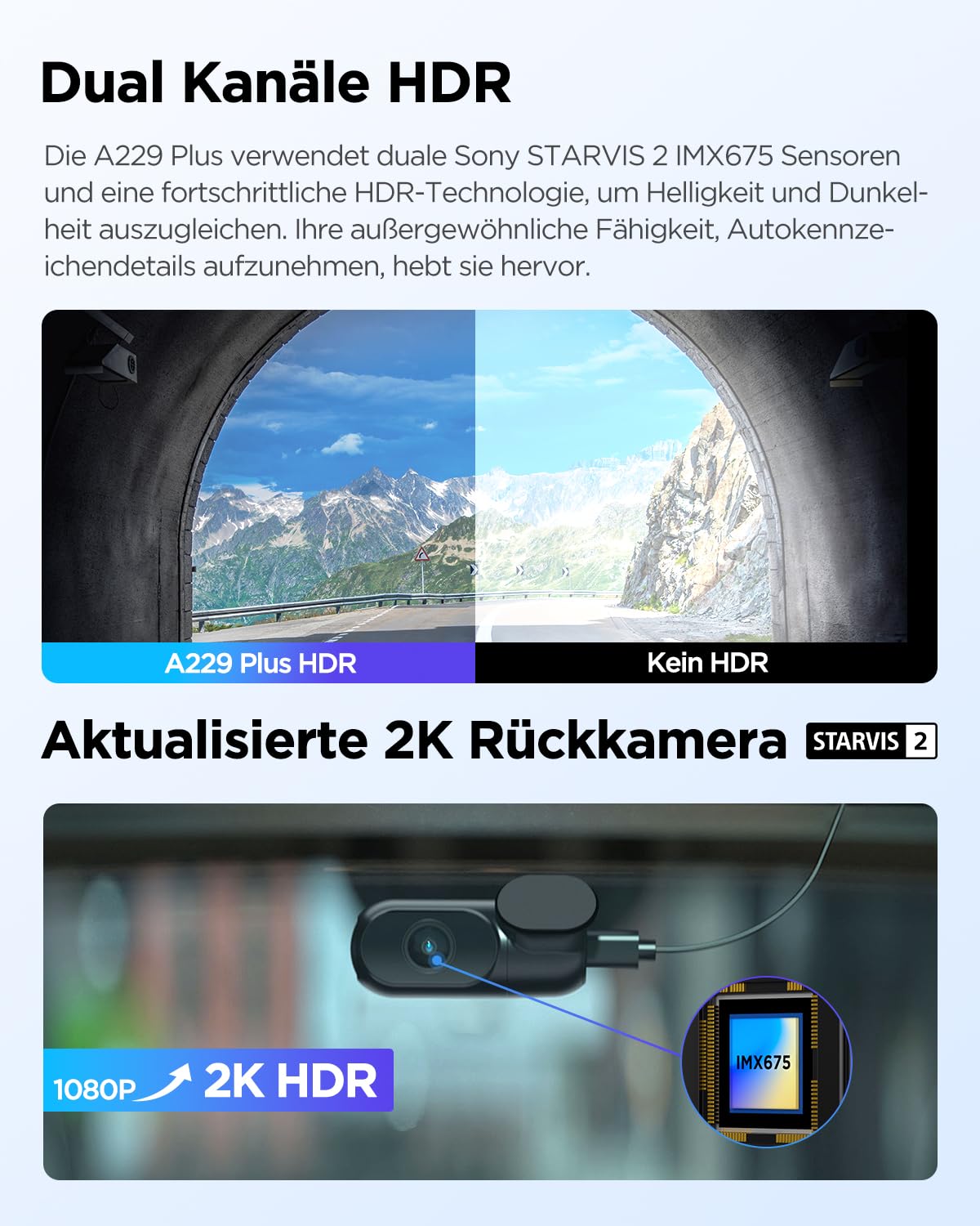 VIOFO A229 Plus 2K + 2K Dual STARVIS 2 HDR Dashcam Auto, Sprachsteuerung & 5GHz Wi-Fi, GPS, Super Nachtsicht 2.0, 2,4" LCD, 512 GB Max