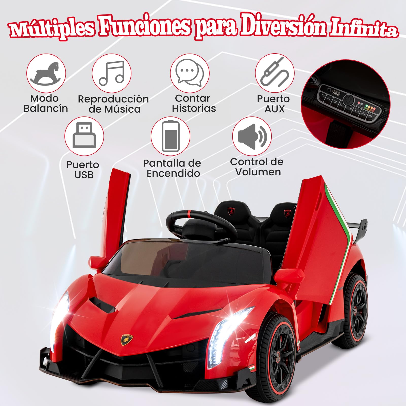 GOPLUS Coche Eléctrico Infantil 12V, Coche Infantil Lamborghini 1 Plaza, Mando a Distancia 2.4G, Puertos AUX y USB, Multimedia, para Niños de 3 a 8 Años, Carga 30KG (Rojo)