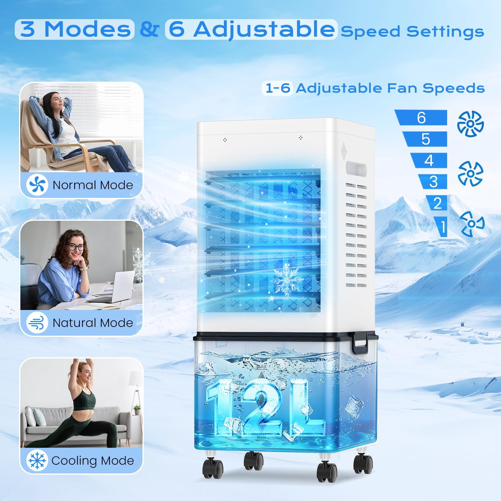 Aire Acondicionado Portátil 12 L, Enfriador de Aire sin Tubo 45W, 3 Modos 6 Velocidades, Climatizador Evaporativo Silencioso 4 en 1, Temporizador de 1-12 H, Control Remoto para Hogar Oficina