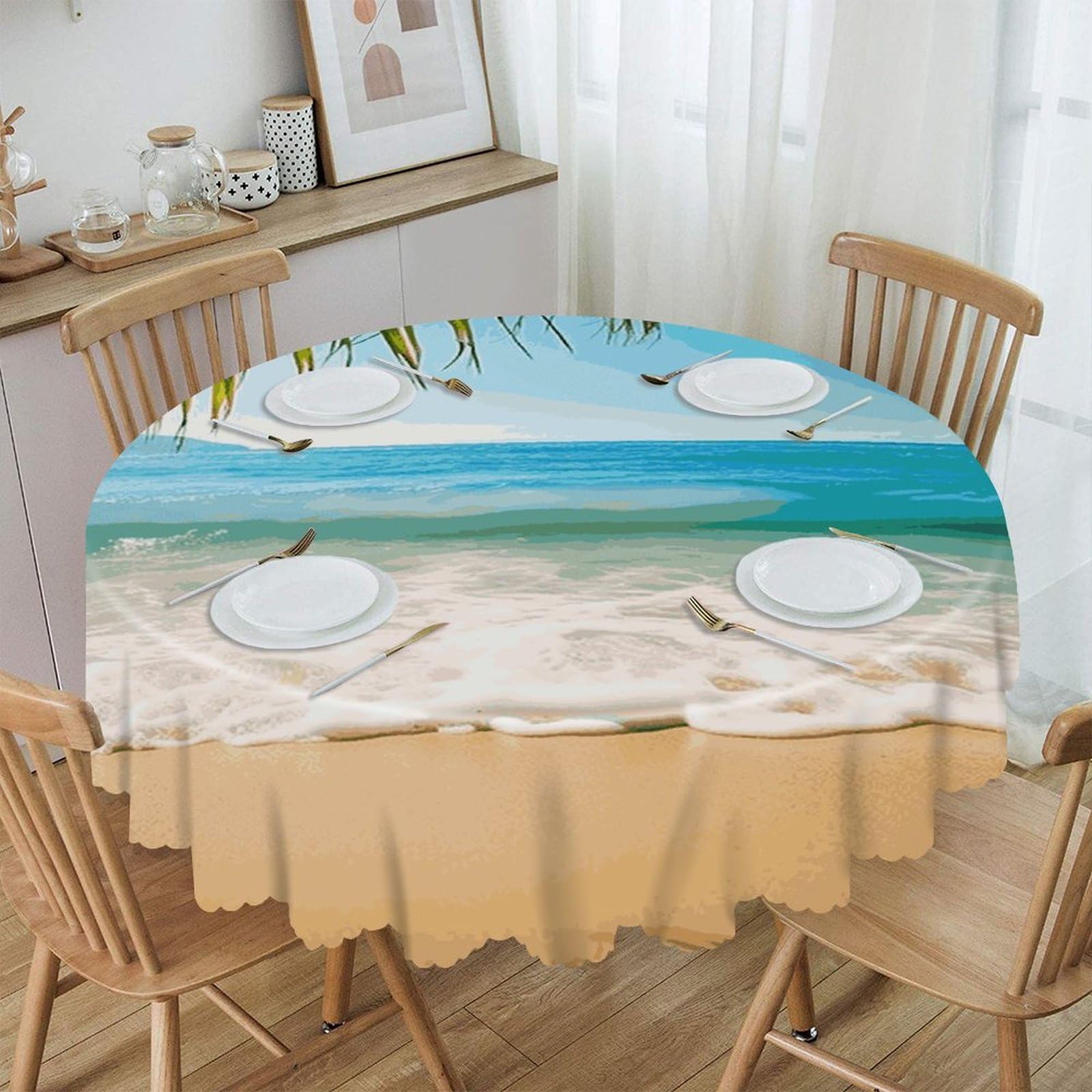 FekiLoot Ocean Sea Beach Palm Leaves Round Tablecloths 60 Inch Resistant Washable Polyester Table Cloth Style Decorative Circle Fabric Table Cover for Dining Kitchen Party Farmhouse Outdoor