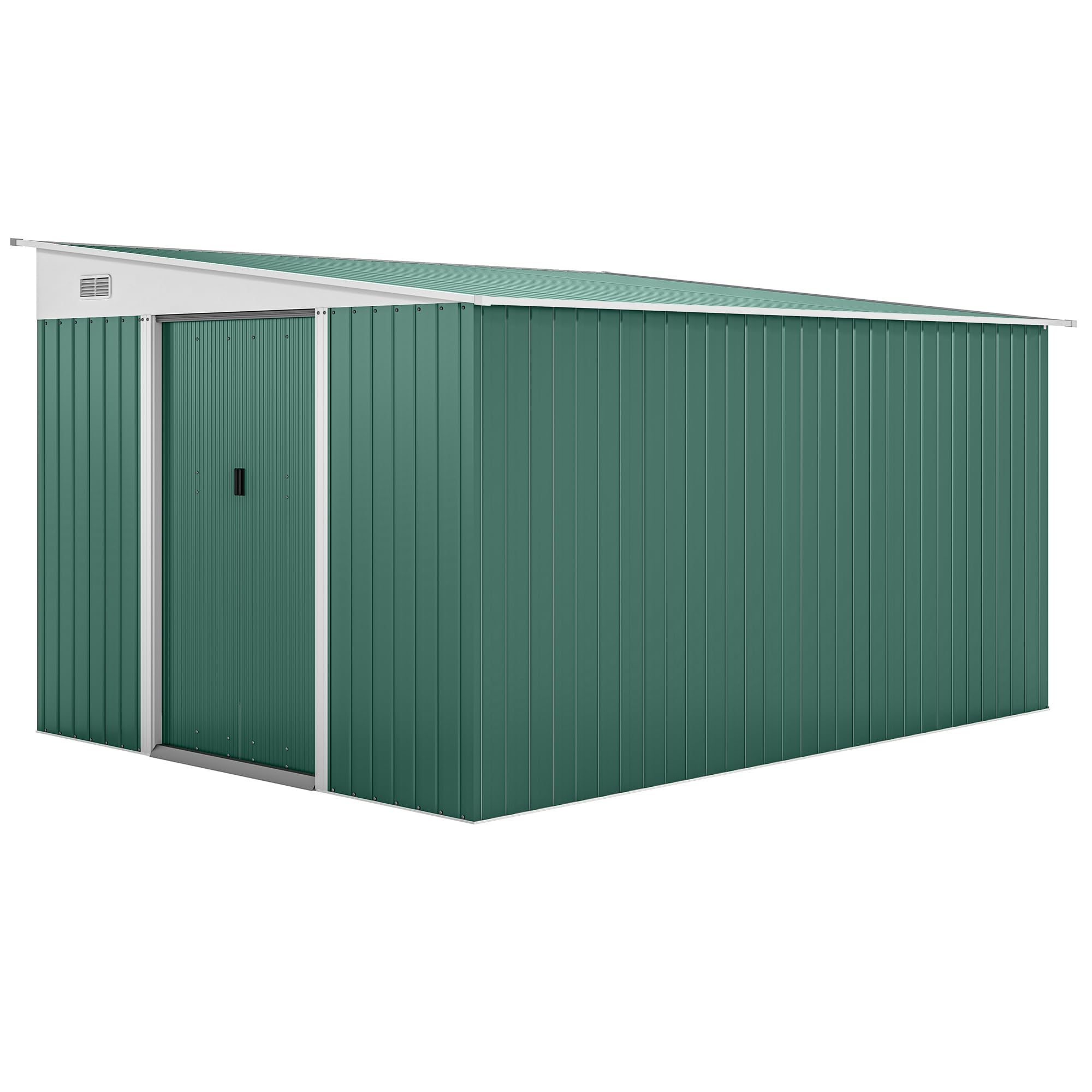 Outsunny Casetta da Giardino 8.9m² in Acciaio Zincato con 2 Prese d'Aria, Capanno Porta Attrezzi con Tetto Inclinato, Doppie Porte Scorrevoli Bloccabili e Guanti, 280x345x169/201cm, Verde