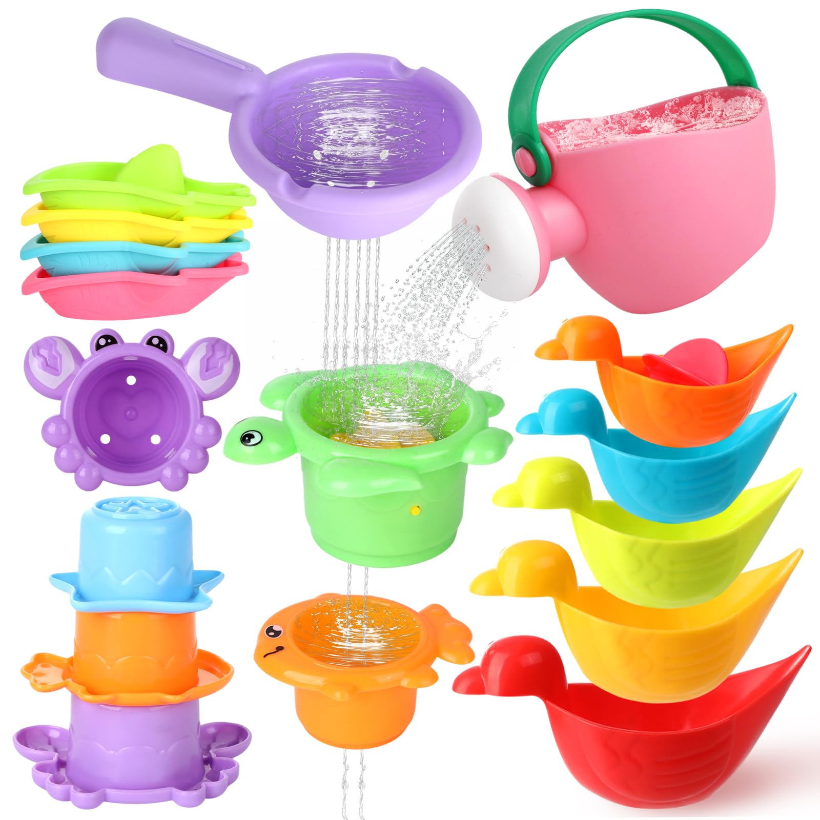 Bath Toy Set, 15 Pieces Bath Toy Baby, Water Toy Children with Storage Bag, Stacking Cup Swimming Pool Toy Gift for Boys and Girls