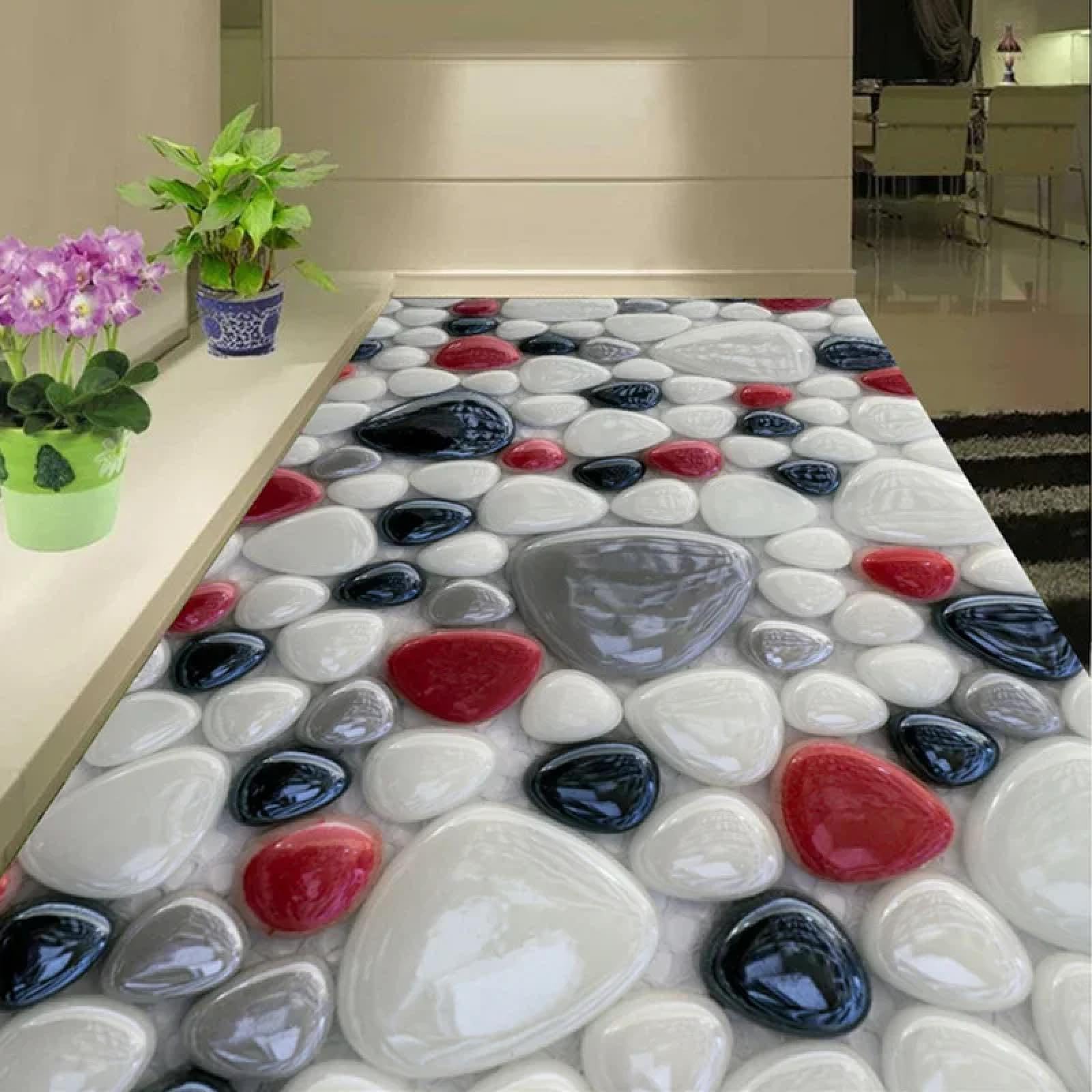 Sticker mural 3D carrelage sol pierre colorée pour décoration salle de bain et chambre