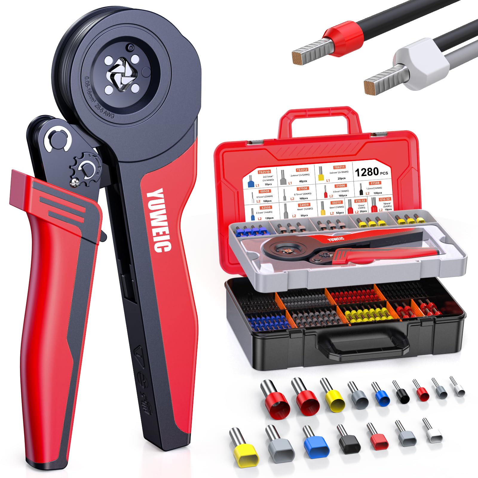 Wire Ferrule Crimper Kit with 1280PCS Ferrules, 0.08-16mm² AWG 28-5 Ratcheting Ferrule Crimping Tool,Wire Terminal Crimper with Ferrules, Crimping Pliers with Storage Case for Electrical Wiring（Squ.）