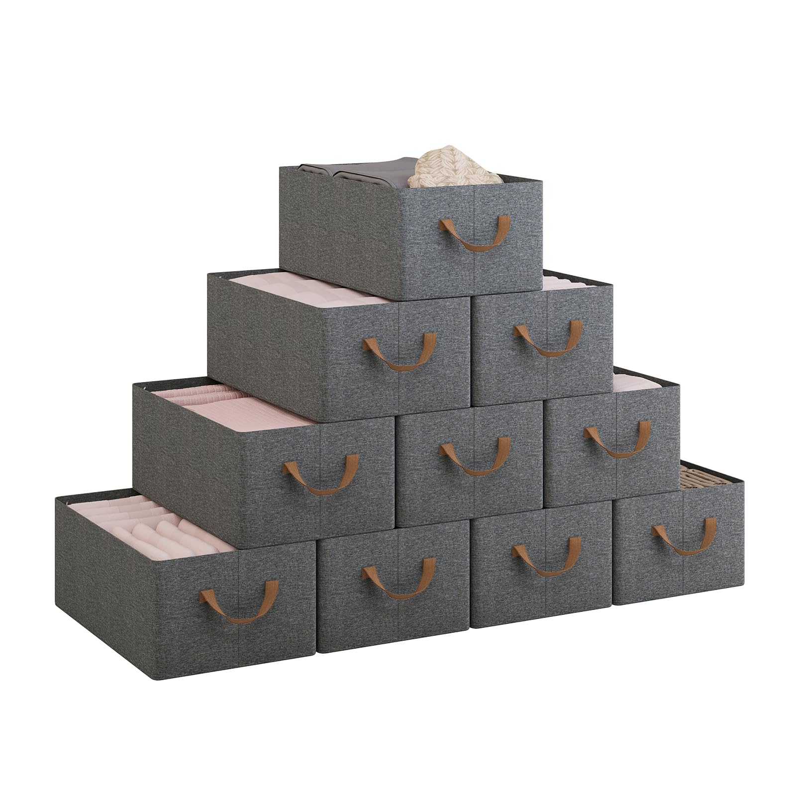 WOLTU Faltbare Aufbewahrungsboxen 10 Stück, mit Griffen, Grau, 47x28x20cm | aus Polyesterstoff, für Schlafzimmer, Arbeitszimmer, Wohnzimmer, für Kleidung Spielzeug, Organizer Box mit Griffen, faltbar,