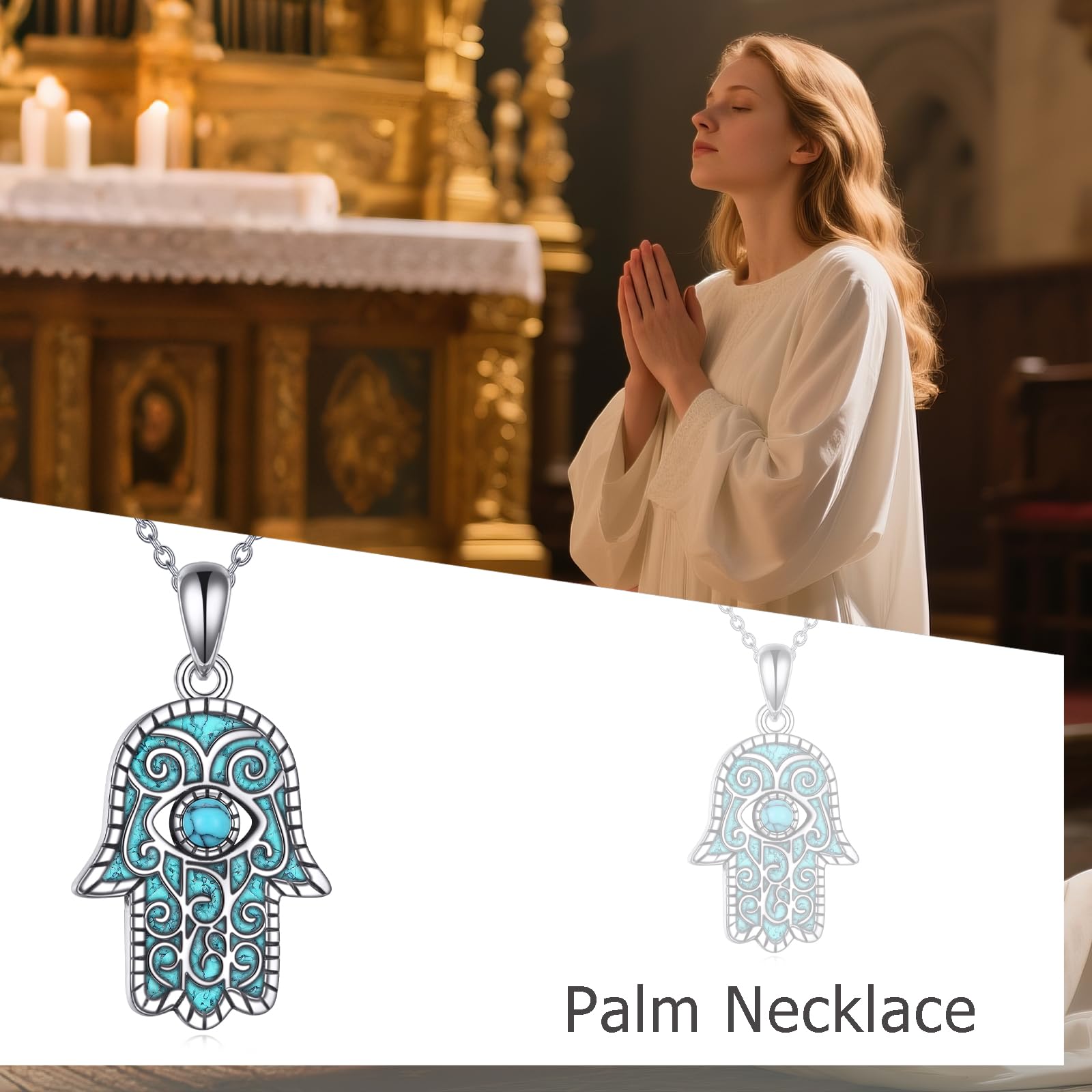 YAFEINI Turkusowy łańcuszek Hamsa ze srebra wysokiej próby 925, niebieski wisiorek ze złym okiem i ręką Fatimy, biżuteria ochronna, prezent dla kobiet i mężczyzn