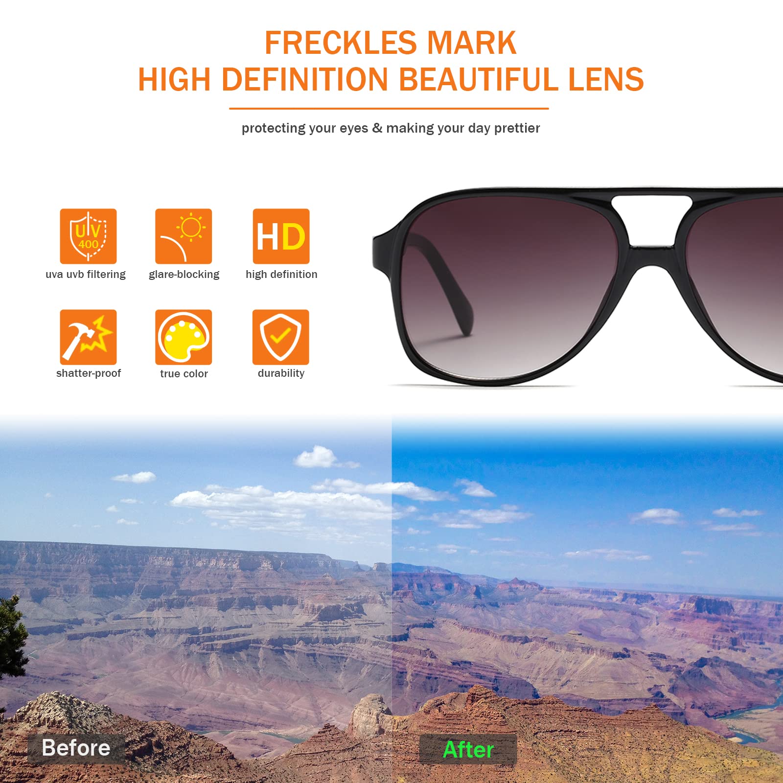 Freckles Mark Vintage Retro 70er Jahre Sonnenbrille für Damen Herren Klassisch Groß Quadrat Pilotenbrille Trendige Brille, Schwarz, Aufmaß