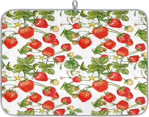 Tapete de secado de platos de fresas y fresas para cocina, de 16 x 18 pulgadas, tapete escurridor de platos reversible y absorbente de microfibra