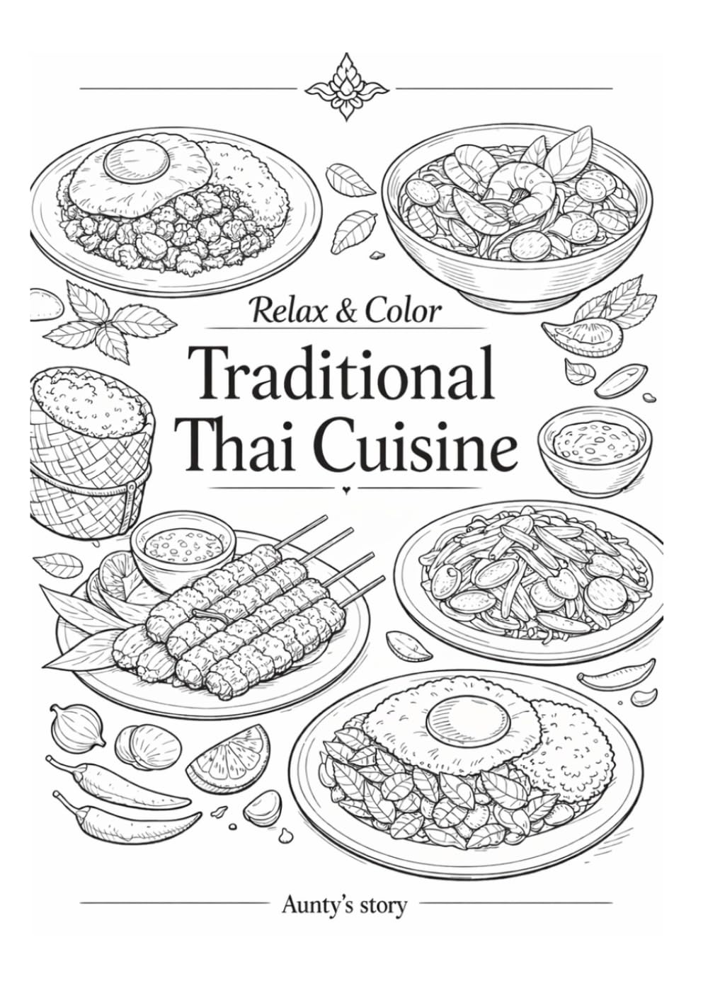 Thai Food Coloring Book: Relaxing Black and White Thai Cuisine Coloring Pages