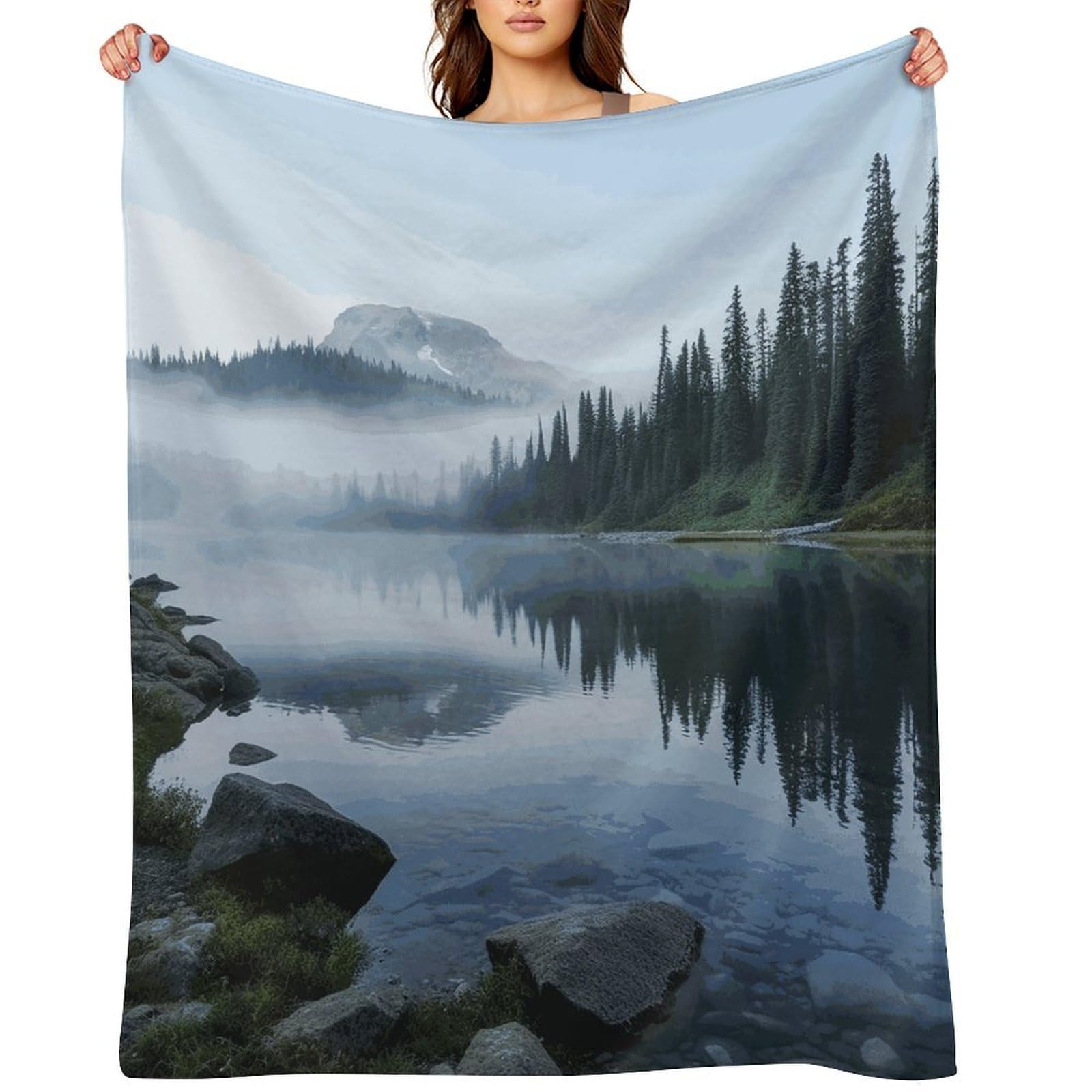 Fekiloot Style Foggy Lake By Mount Rainier Throw Blankets Camping Blanket60 X80