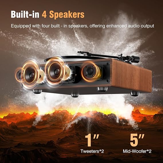 1 by ONE Vinyl Record Player with Bluetooth Input, All-in-One Turntable with Built-in Speakers, Phono Preamp, AT-3600L Cartridge, Belt Drive 33/45 RPM