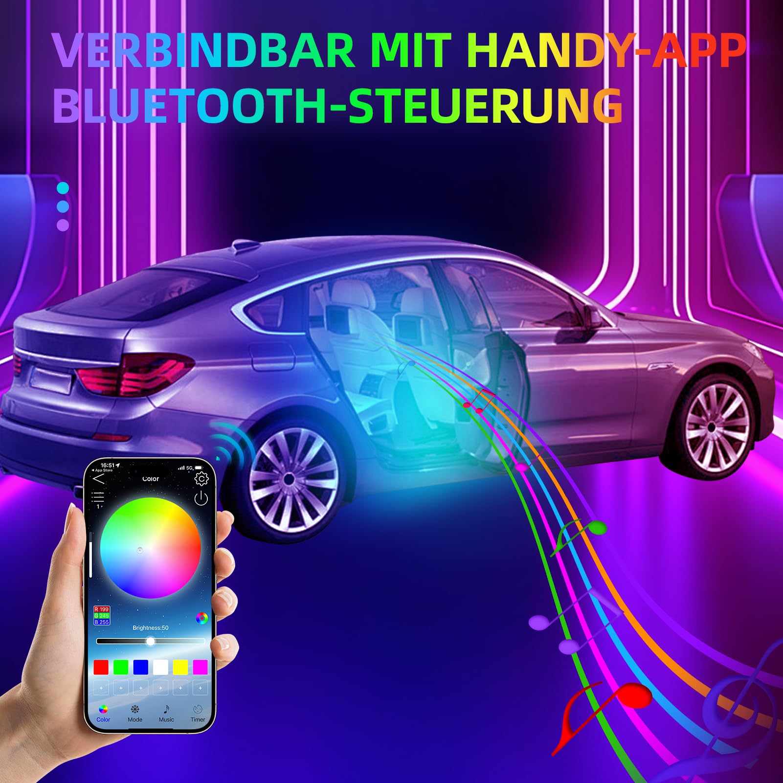 Illuminazione Interna a LED per Auto,6 in 1 RGB Illuminazione Interna per Auto, LED Illuminazione Ambientale,210 Modalità di lampeggiamento,Controllo Tramite APP,Atmosfera Decorativa Universale