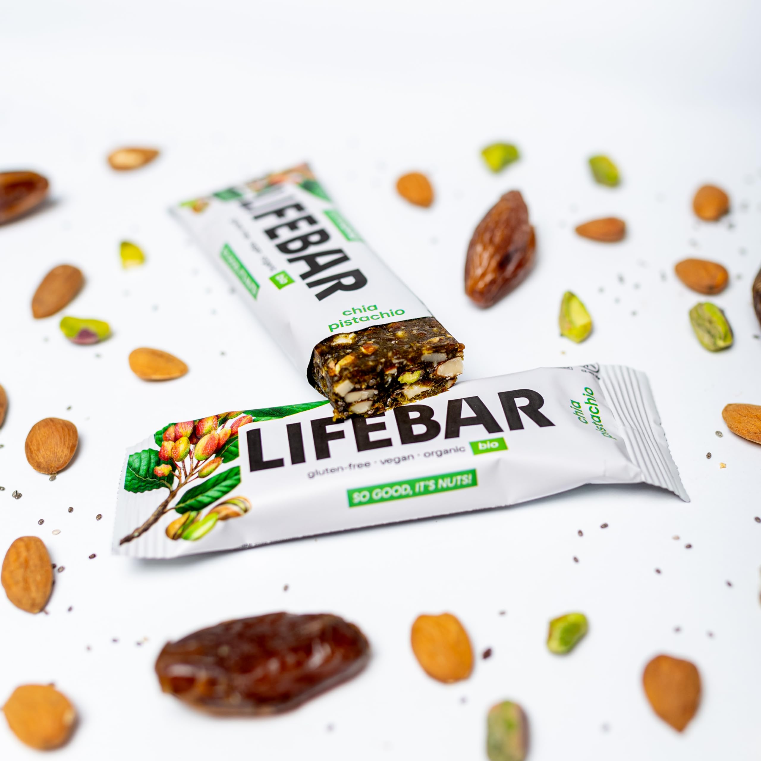 lifefood Lifebar Energieriegel, Vegan Sportriegel, RAW BIO Rohkost, Vegan, Glutenfrei, Laktosefrei,Ohne Zuckerzusatz, Biologisch angebaut - 15er Pack (15 x 40 g) (Chia Pistazie)