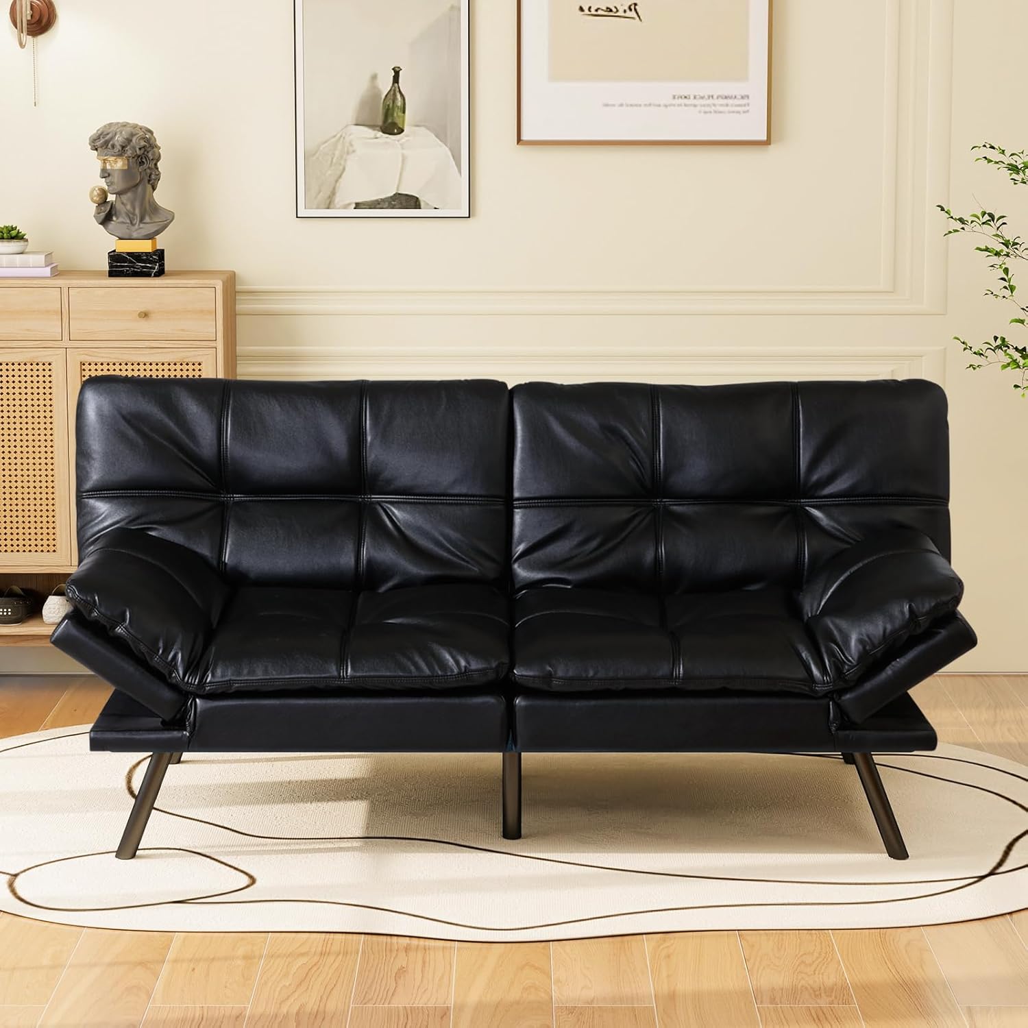 Vipbear 71-Inch Convertible Futon Sofa Bed, Modern Loveseat Sleeper with Adjustable Back & Arms, Faux Leather for Small Spaces, Apartments,Black