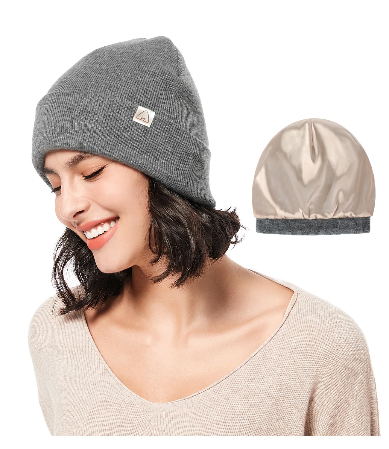 Hat Hut Satin Lined Beanie for Women Men Winter Hats for Women Silk Lining Slouchy Beanie Ski Hat Warm Unisex Cuffed Beanie