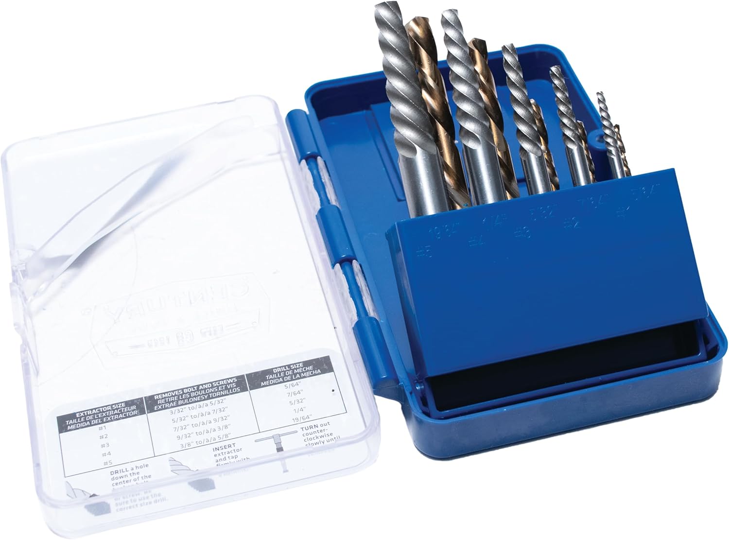 Century Drill & Tool 88710 Spiral Flute Screw Extractor and Left-Hand Drill Set, 10 Piece Drill Bit Set #1 - #5