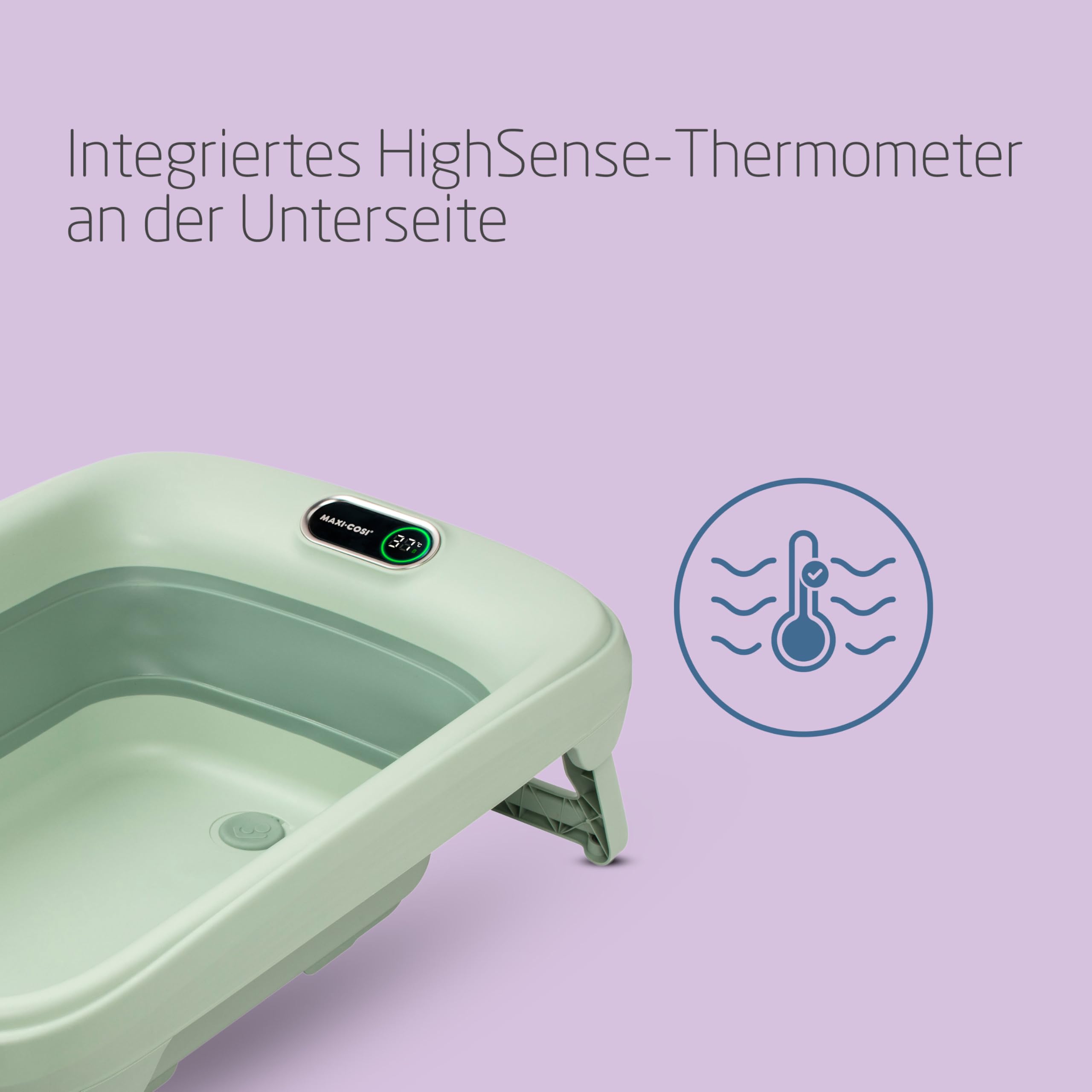 Maxi-Cosi Indigo Faltbare Badewanne Baby, 0-4 Jahre, Geräumige Mobile Badewanne Kleinkind, Integriertes HighSense Thermometer, Rutschfest, Klappbarer Hängehaken, Flach Faltbar, Sage Green