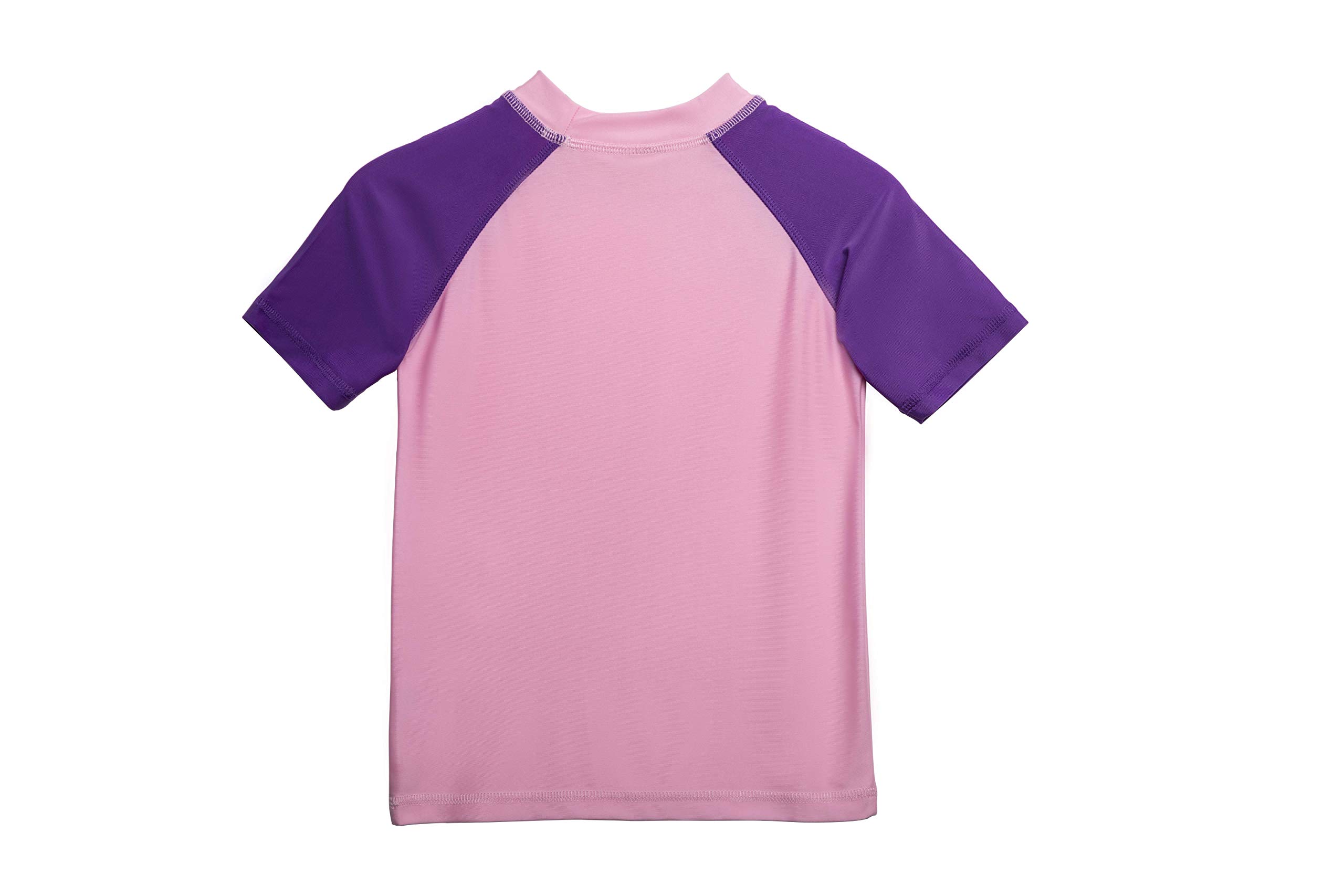 qilefoty Girls Short Sleeve UPF 50+ Sun Protection Swimwear Athletic Elastic Shirt Surfing Rash Guard Tops for 2-16 Years,Pink with Purple,Large(12)