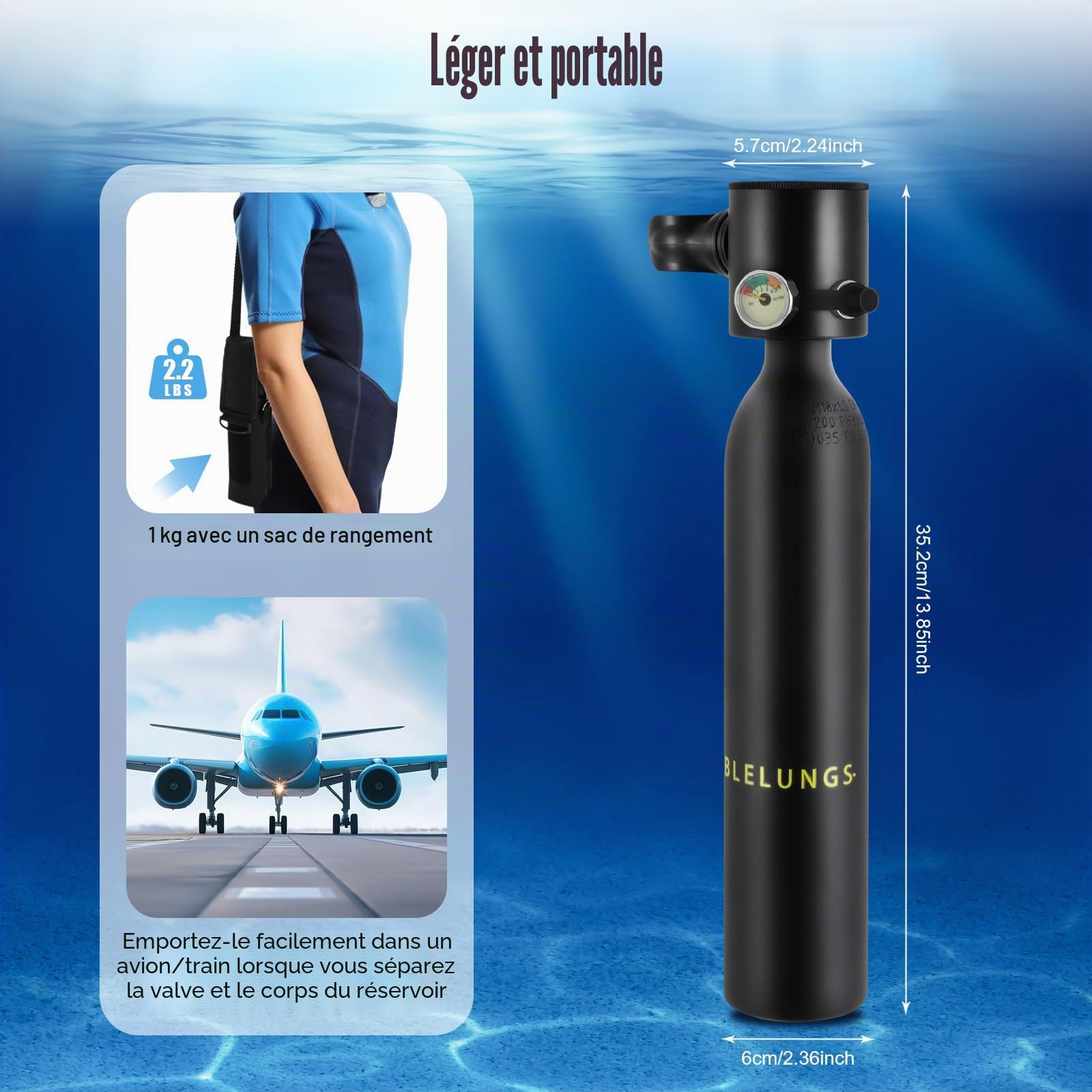 Mini Bouteille de Plongée Bouteille d'oxygène 0.5 L pour la Plongée Réservoir d'oxygène équipement de Plongée Portable pour Les Exercices de Plongée ou comme Bouteille de Rechange sous