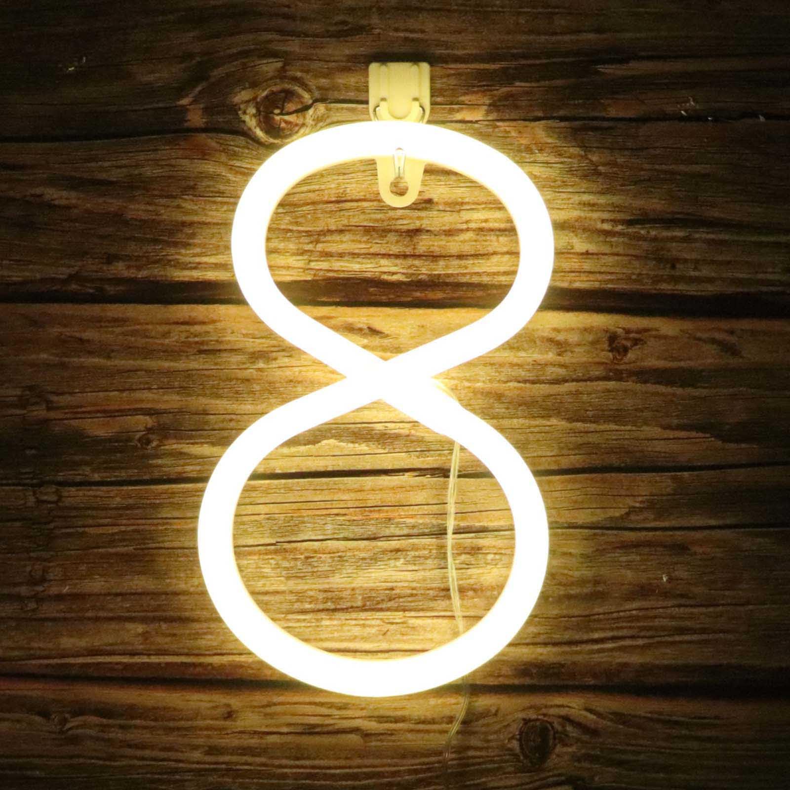 Battery & USB Powered Warm White Arabic Number Neon Light Flexible Neon Sign for Bedroom Kitchen Wedding Anniversary Party Decoration LED House Sign(No.8) — image 1