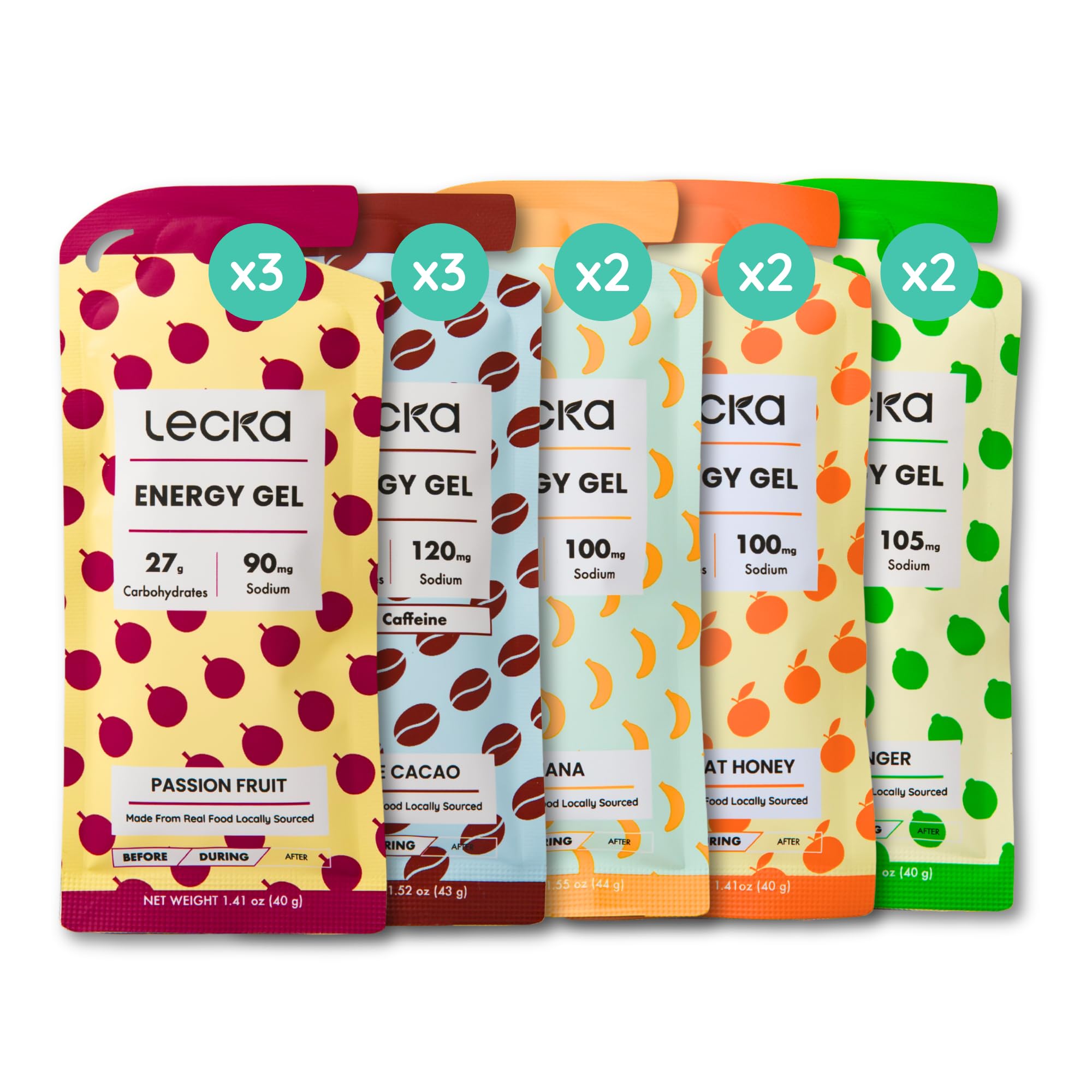 Lecka Gel de Energia com Frutas Reais, 22–27 g de carboidratos, vegano, sem glúten, pacote com 12